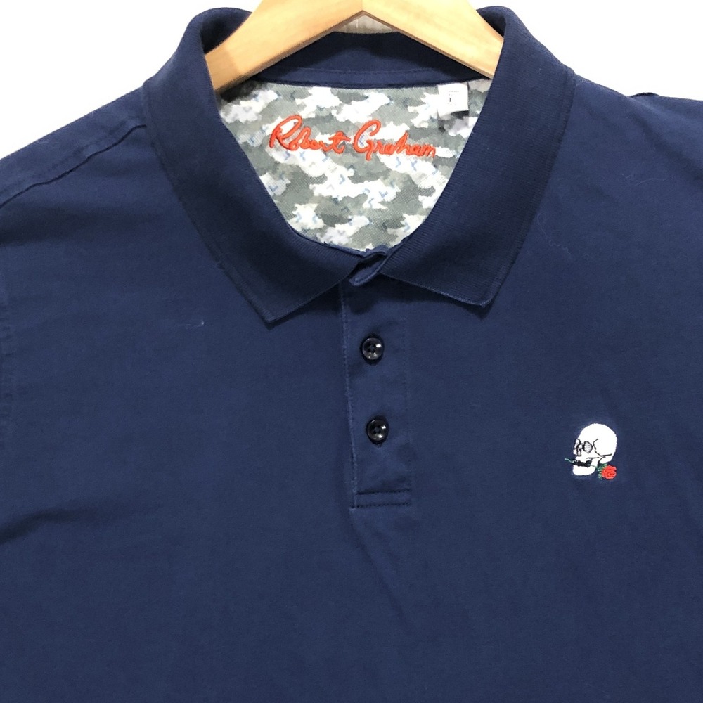Robert Graham‎ Polo Shirt Mens Classic Fit Skull Rose Graphic Blue